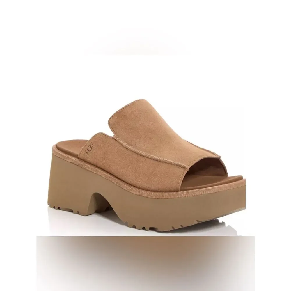 UGG Suede Platform Slide Sandals Camel Tan Square Toe Wedge Slides Sz 9